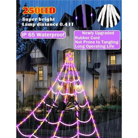 Giant Spider Web Halloween Decor Light w/ 250 LEDs 16.4FT Net 4Ft Spider 8 Modes